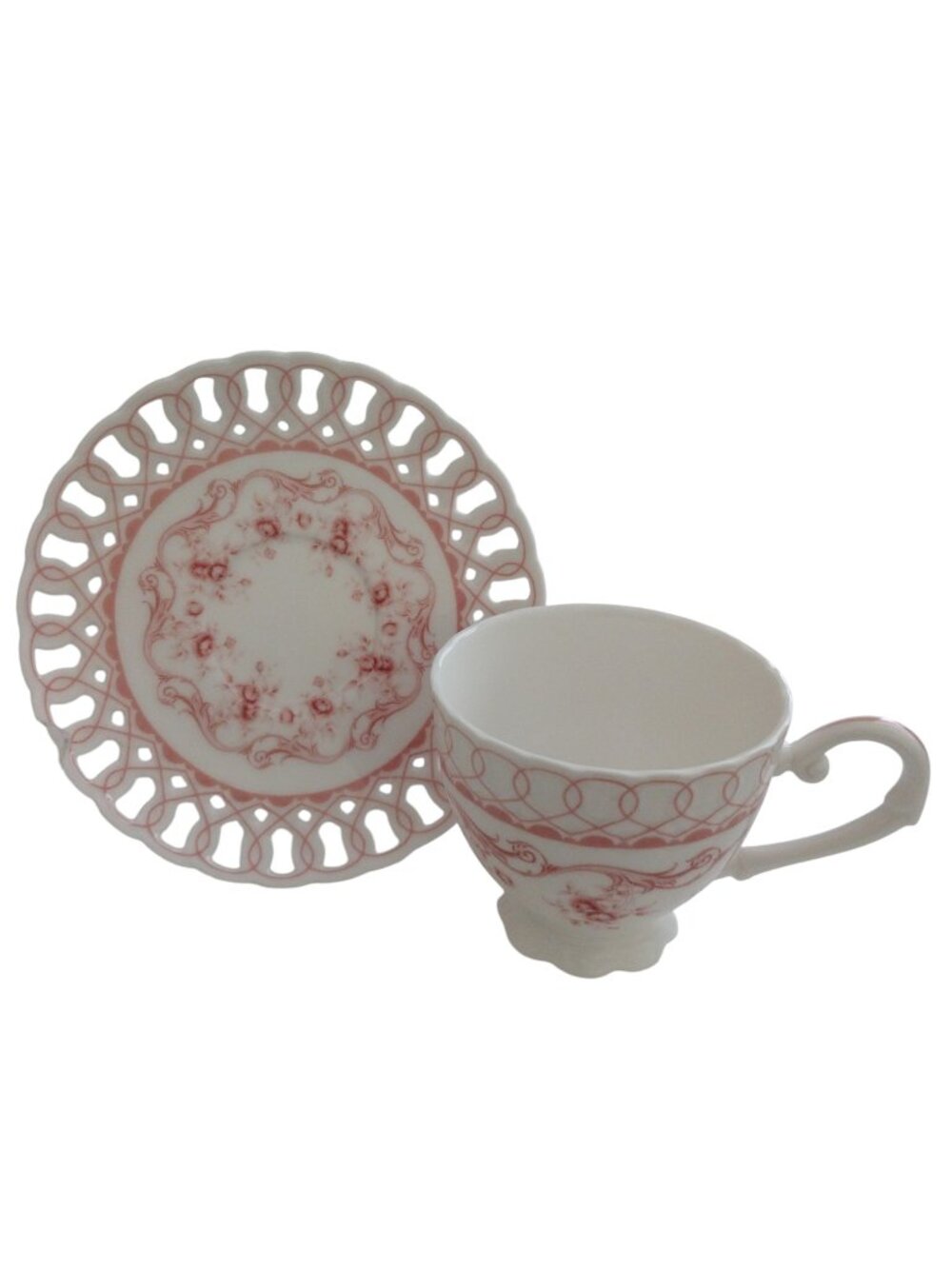 Gracie China Coastline Imports Pink Vine Teacups and Saucers Set of 4 Bone China